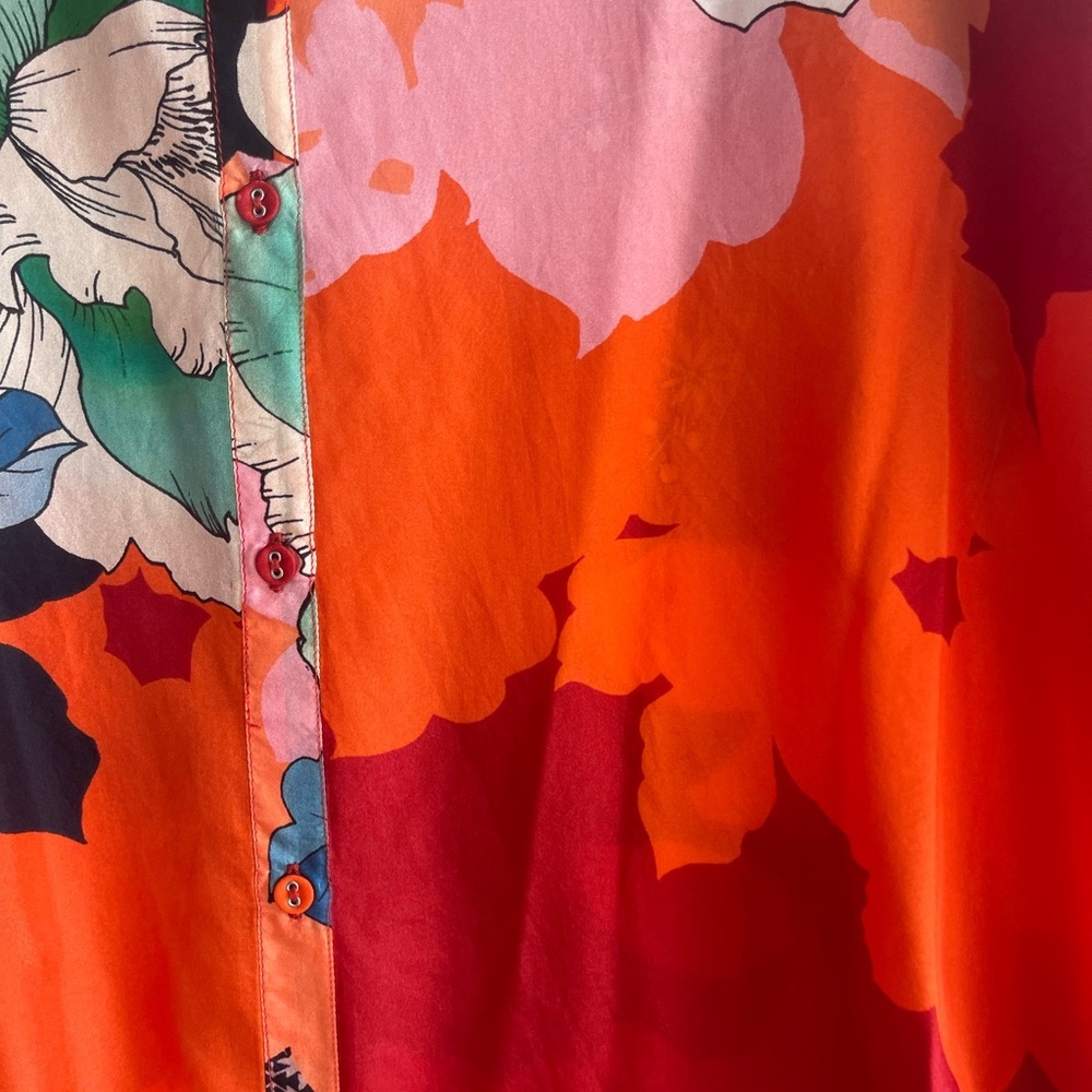 Johnny Was Floral Silk Button-Up Blouse in Red, Orange, Green, Pink - Picture 6 of 10